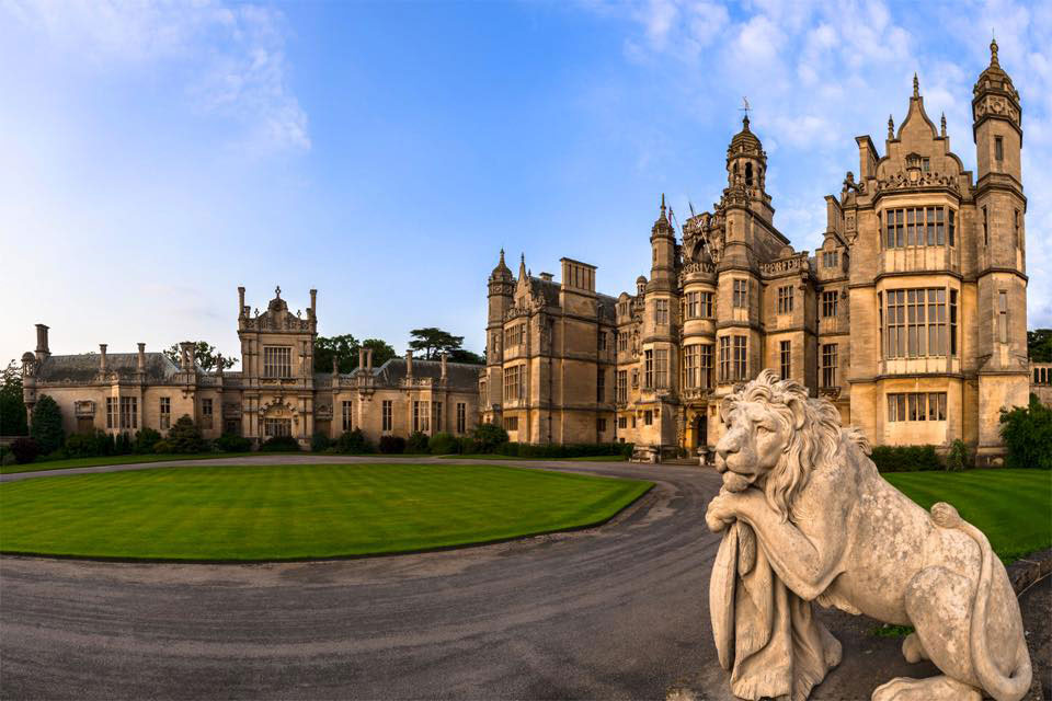 Castle with a lion sculpture in front