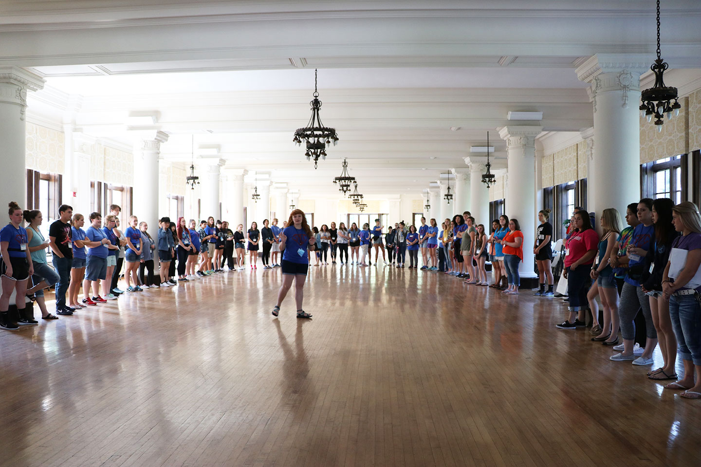 Orientation leaders and new students participating in icebreakers