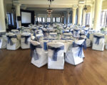 The ballroom set up and decorated for an event