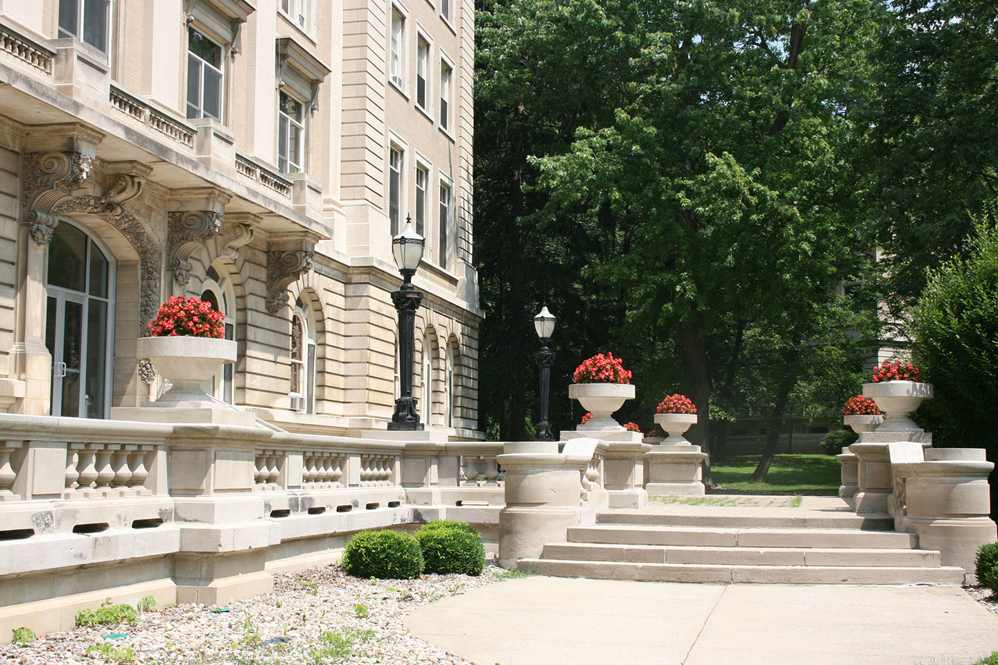 Steps of the Guerin Porch with flowers
