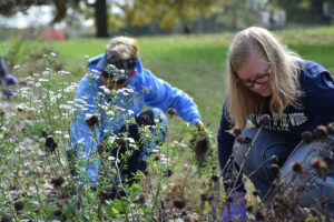 Students outside gardening