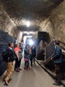 Participants of the faculty-led tour to France visit a wine cellar in the town of Amboise.