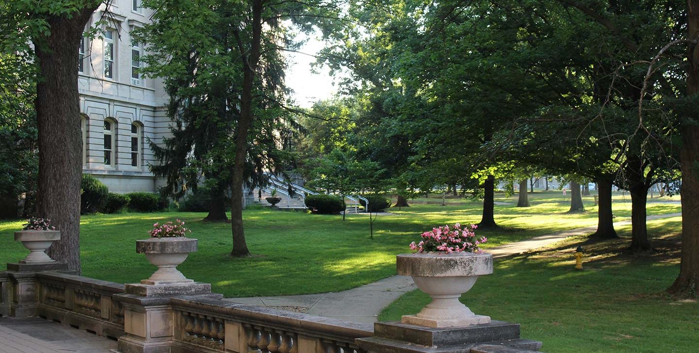 Scenic view of the path from Guerin Hall to the Conservatory of Music in the middle of Spring