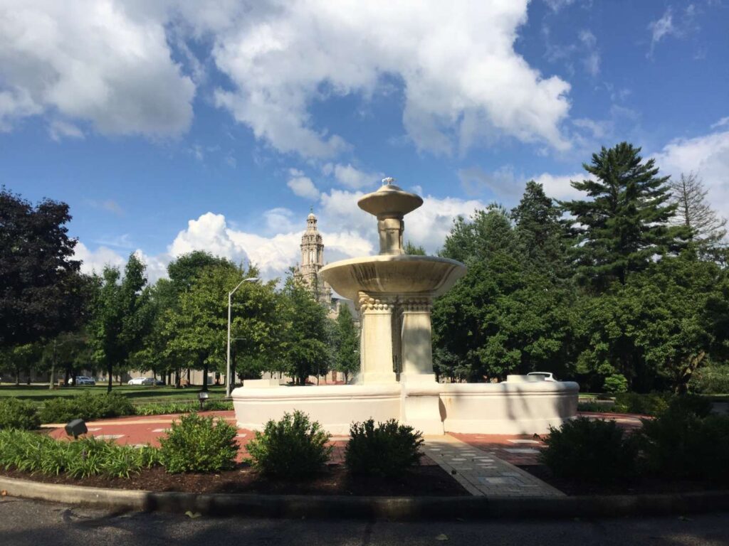 View of The Fountain with the church steeple visible in the background