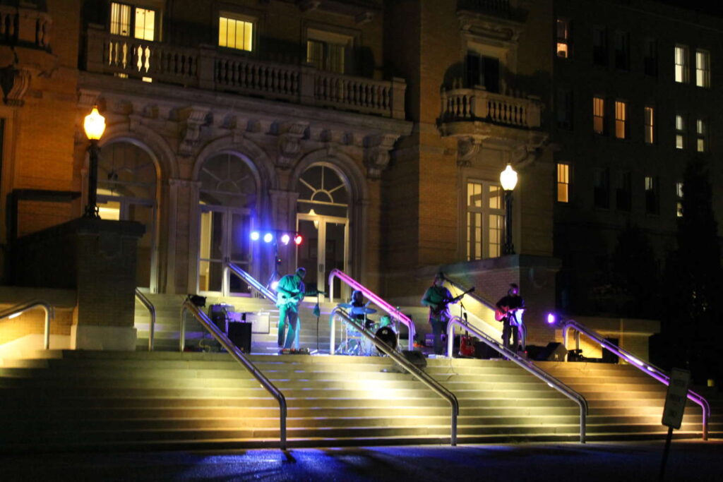 Band plays on the steps of Le Fer Hall