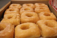 Closeup of a dozen square donuts