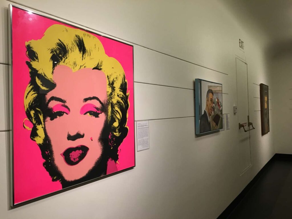 Angled view of the Marilyn Monroe painting by Warhol in the Swope Gallery