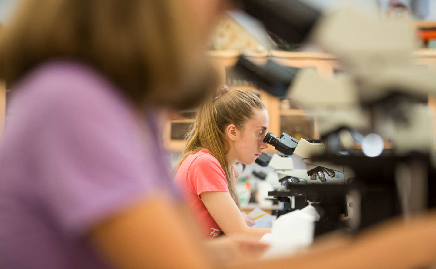 Student in lab focuses on microscope