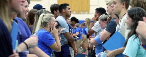 Students doing ice breaker at orientation 2019