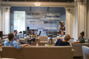 Students sitting on the couches of Sullivan.