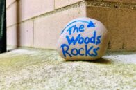 Painted rock with "The Woods Rocks" inscribed on it