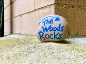 Painted rock with "The Woods Rocks" inscribed on it