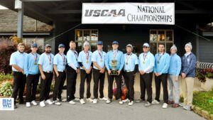 The SMWC men's golf team with their trophy