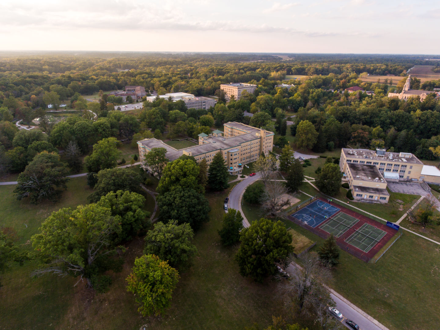 Aerial view of Le Fer Hall from behind