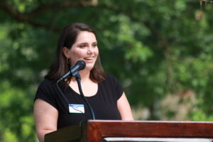 Justine Gibson speaking at the groundbreaking