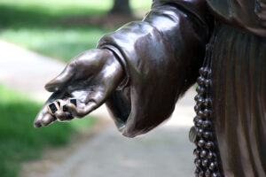 Three rings sit in the palm of the Saint Mary Theodore Guerin's sculpture's hand