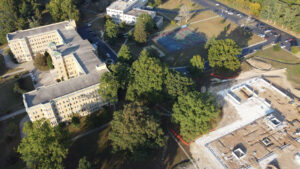 An aerial view of the construction site for the new residence and dining hall