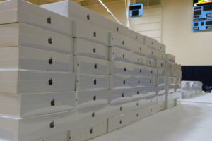 A large stack of iPad boxes