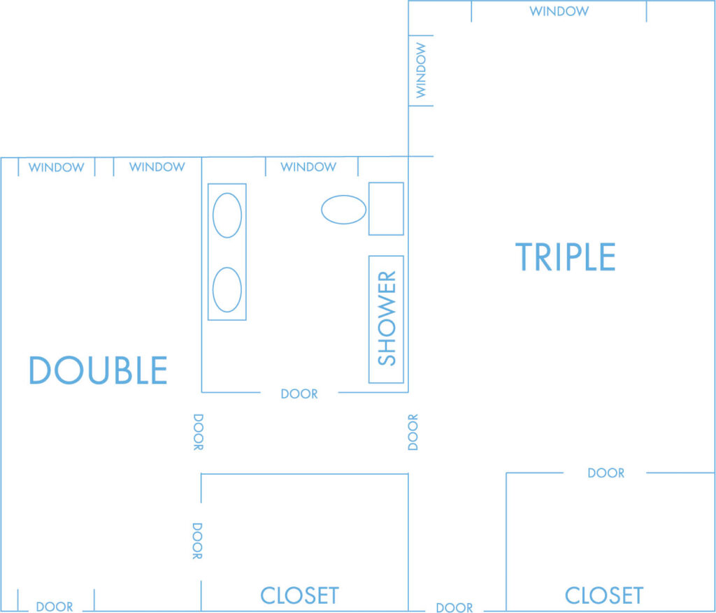 Triple layout with shared bathroom