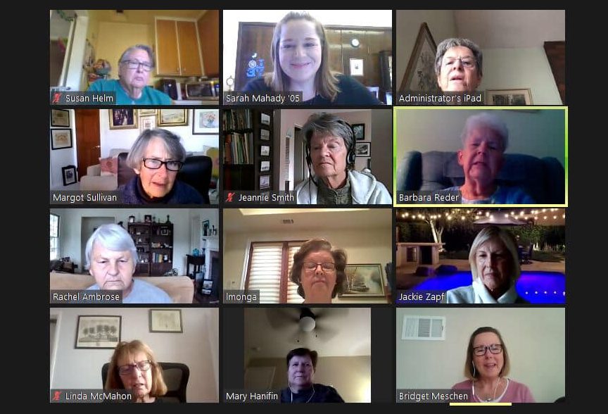 The Southern California alumni and friends group meets on Zoom to catch up with each other and College happenings. Margot Sullivan is in the left column, second row.