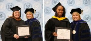 Two students receiving an award from Dottie King