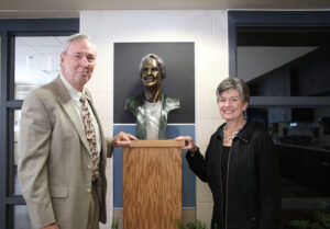 Tim and Joan Monahan with the sculpture