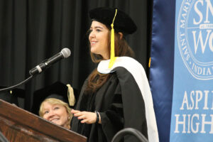 Kristin Flaschner speaking at commencement