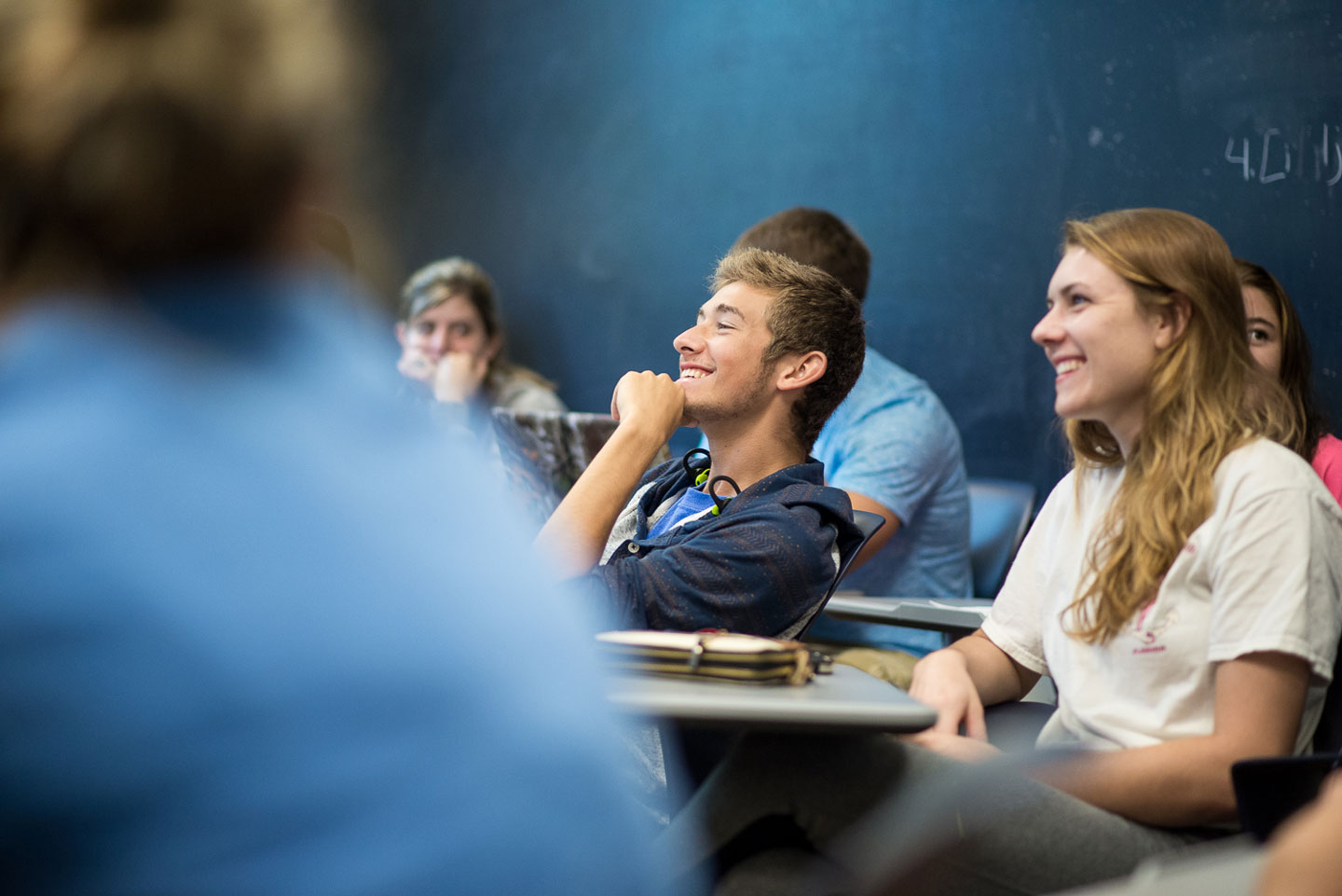 Student in English class smiling