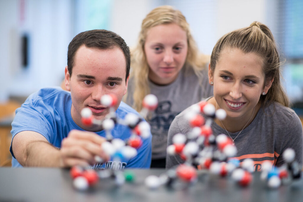 Group of science students looking at models of molecules