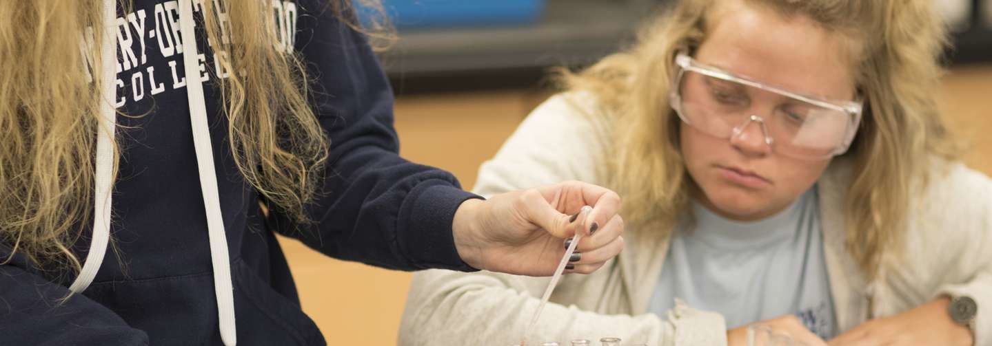 A close-up of hands with an eye dropper putting liquid in a line of test tubes.