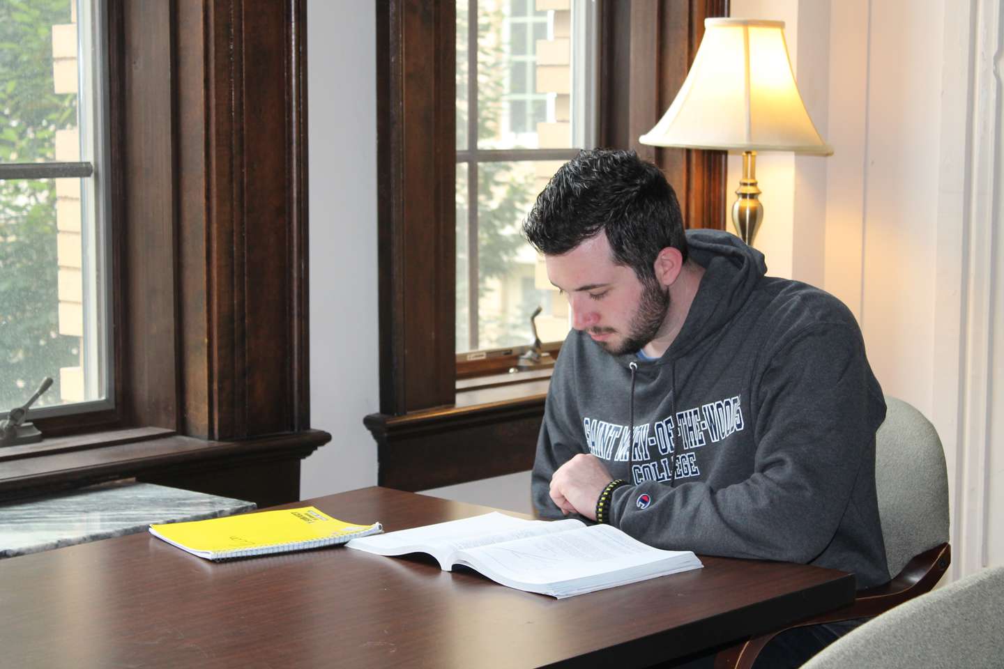 A male student studys in the Sullivan Parlor near a window overlooking the campus.